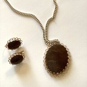 Vintage Brown Necklace & Matching Clip-on Earrings Costume Jewelry